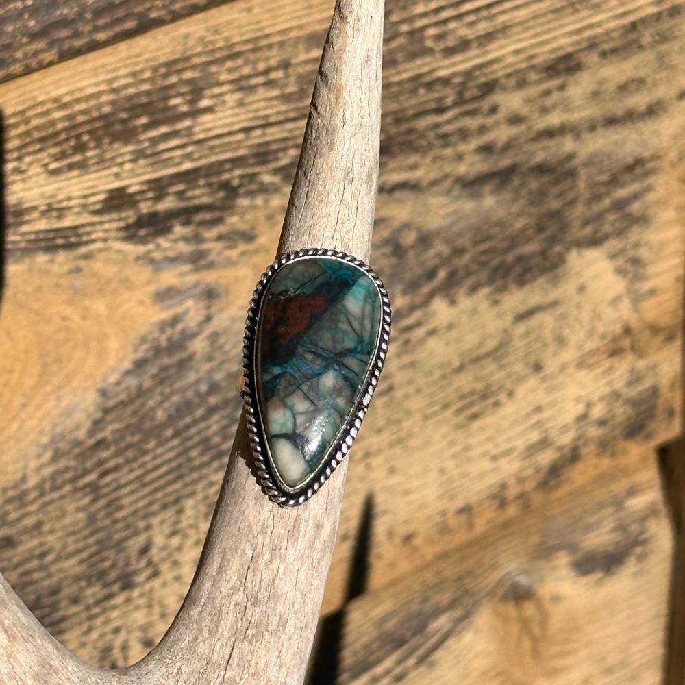 GENUINE CHRYSOCOLLA 925 PLATED RING SZ 6